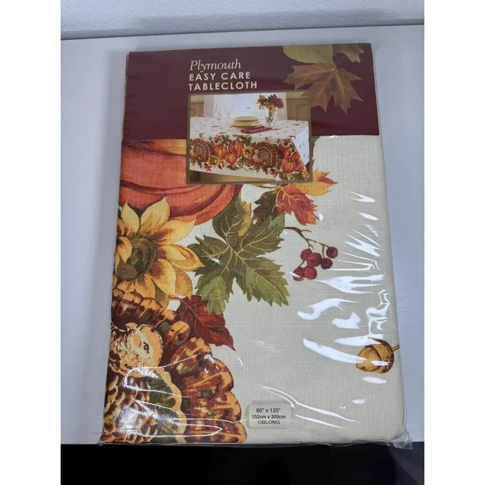Thanksgiving Turkey Pumpkin Tablecloth, Fall Harvest Print Linen, 60x120 Oblong
